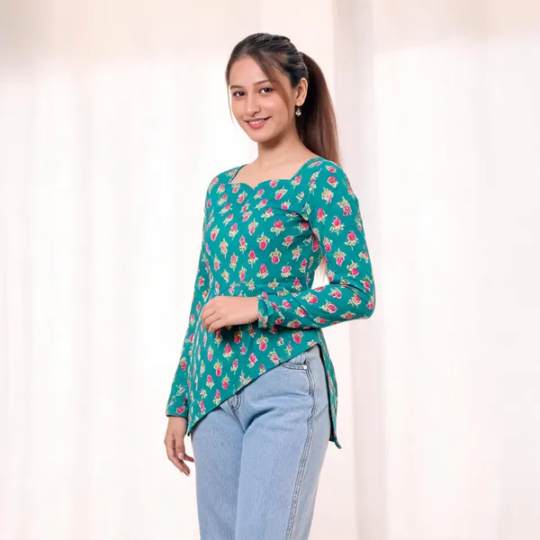 Green_Pure_Cotton_Side_Slit_Short_Kurti_For_Women