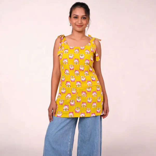 Yellow_Pure_Cotton_Spaghetti_Strap_Short_Kurti_For_Women