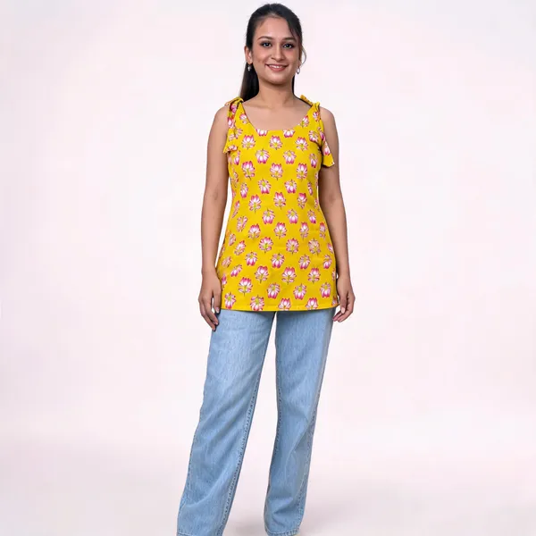 Yellow_Pure_Cotton_Spaghetti_Strap_Short_Kurti_For_Women