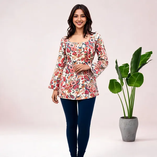 Multicolour_Pure_Cotton_Corset_Short_Kurti_For_Women