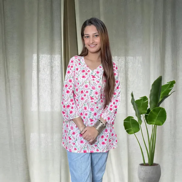 Baby_Pink_Pure_Cotton_Bell_Sleeve_Short_Kurti_For_Women