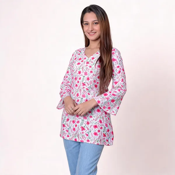Baby_Pink_Pure_Cotton_Bell_Sleeve_Short_Kurti_For_Women