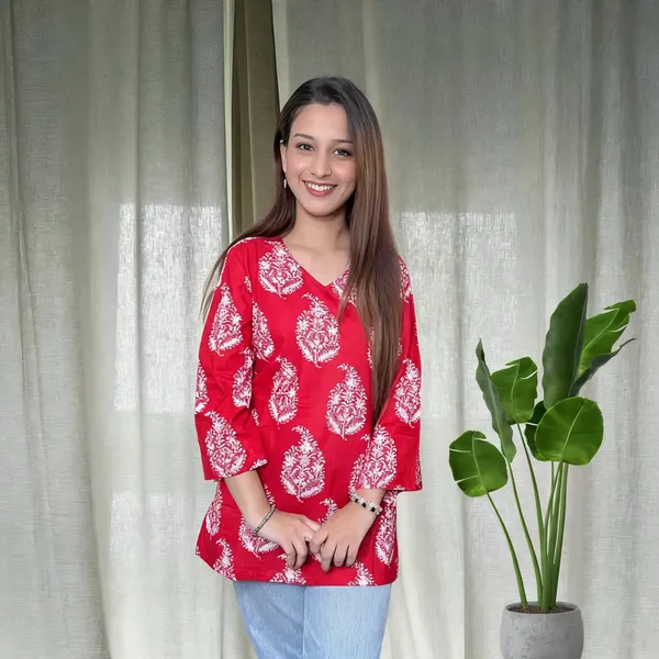 Red_Pure_Cotton_Bell_Sleeve_Short_Kurti_For_Women