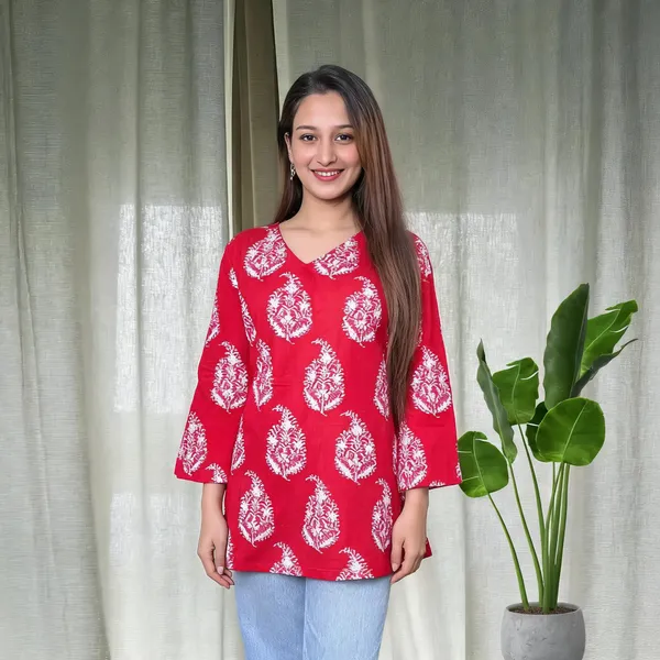 Red_Pure_Cotton_Bell_Sleeve_Short_Kurti_For_Women