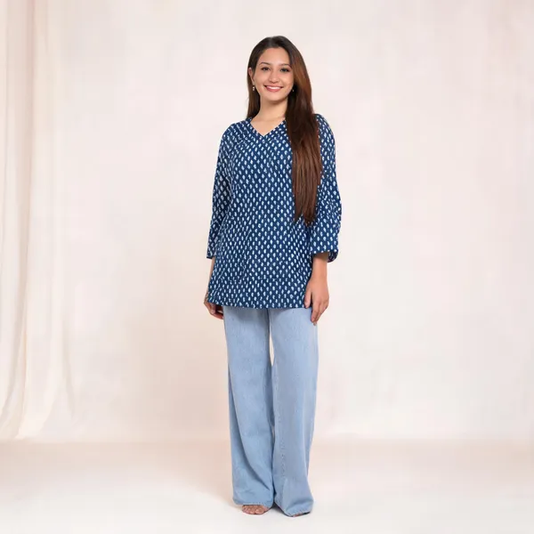 Navy_Blue_Pure_Cotton_Bell_Sleeve_Short_Kurti_For_Women