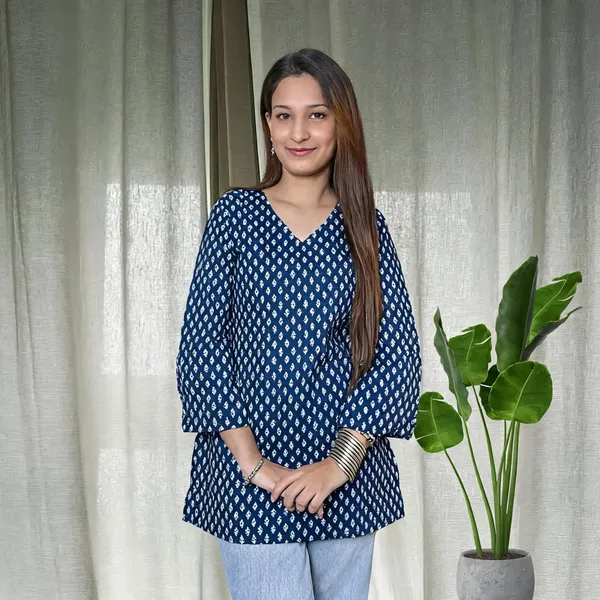 Navy_Blue_Pure_Cotton_Bell_Sleeve_Short_Kurti_For_Women