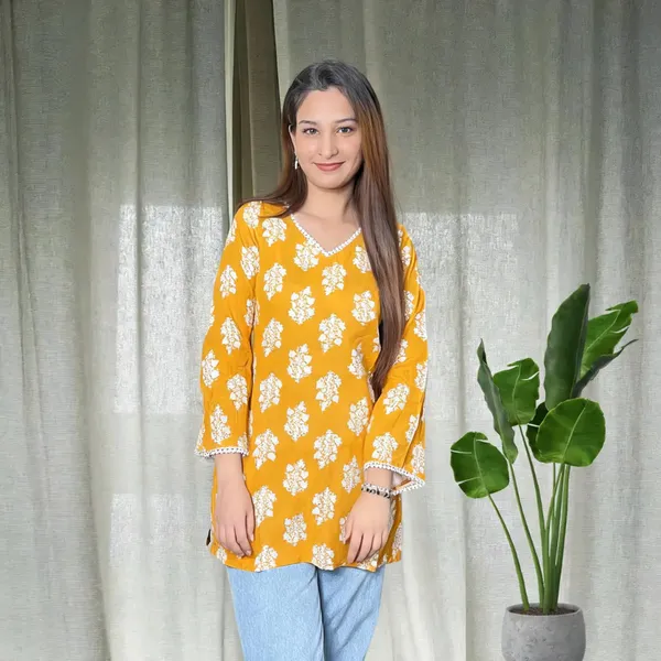 Mustard_Pure_Cotton_Bell_Sleeve_Short_Kurti_For_Women