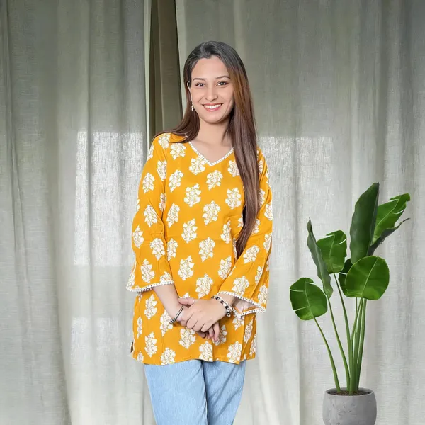 Mustard_Pure_Cotton_Bell_Sleeve_Short_Kurti_For_Women