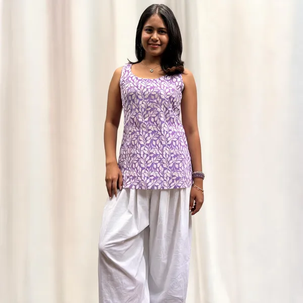 Lavender_Pure_Cotton_Sleeveless_Short_Kurti_For_Women