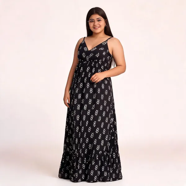 Black_Pure_Cotton_Ikkat_Maxi_Dress_For_Women