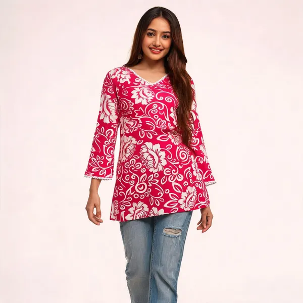 Magenta_Pure_Cotton_Bell_Sleeve_Short_Kurti_For_Women