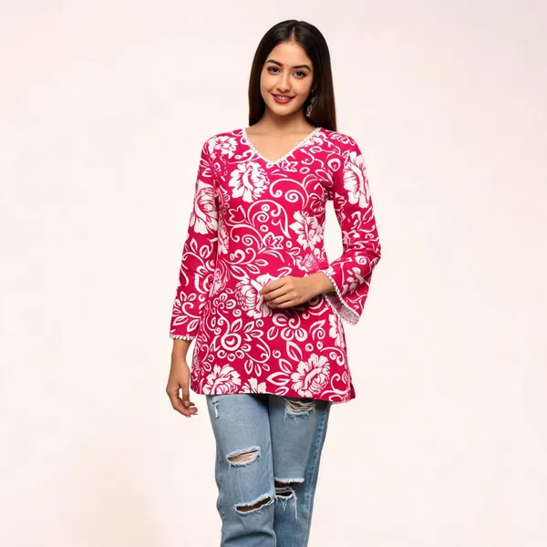 Magenta_Pure_Cotton_Bell_Sleeve_Short_Kurti_For_Women