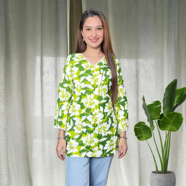 Green_Pure_Cotton_Bell_Sleeve_Short_Kurti_For_Women