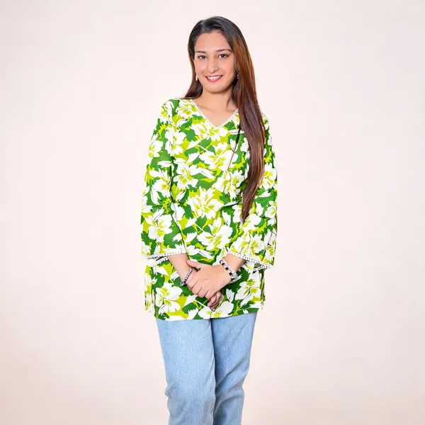 Green_Pure_Cotton_Bell_Sleeve_Short_Kurti_For_Women
