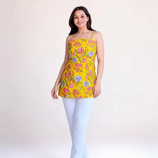 Yellow_Pure_Cotton_Back_Corset_Short_Kurti_For_Women