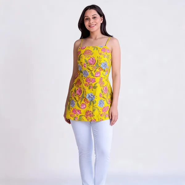 Yellow_Pure_Cotton_Back_Corset_Short_Kurti_For_Women