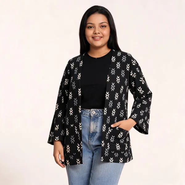 Black_Pure_Cotton_Ikkat_Shrug_With_Pocket_For_Women