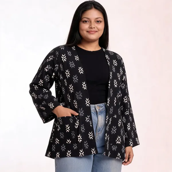 Black_Pure_Cotton_Ikkat_Shrug_With_Pocket_For_Women