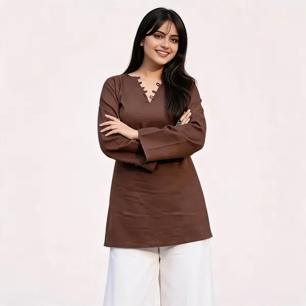 Cocoa_Brown_Pure_Cotton_Short_Kurti_For_Women