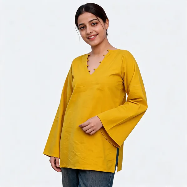 Yellow_Pure_Cotton_Short_Kurti_For_Women
