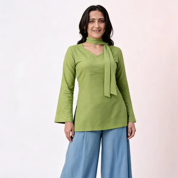 Mint_Green_Pure_Cotton_Short_Kurti_With_Neck_Stole_For_Women