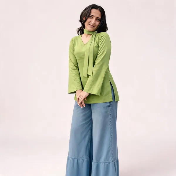 Mint_Green_Pure_Cotton_Short_Kurti_With_Neck_Stole_For_Women