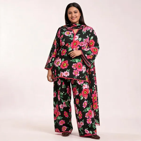 Black_Pure_Cotton_Floral_Farshi_Suit_Set_With_Dupatta_For_Women