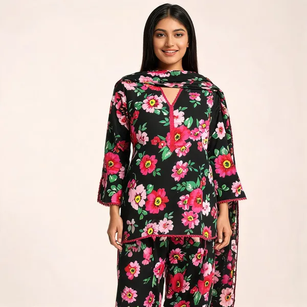 Black_Pure_Cotton_Floral_Farshi_Suit_Set_With_Dupatta_For_Women