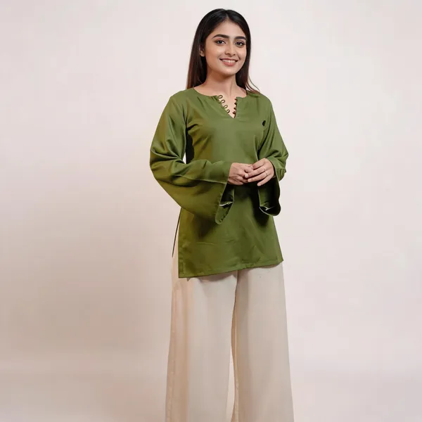 Olive_Green_Pure_Cotton_A_Line_Sleeve_Short_Kurti_For_Women