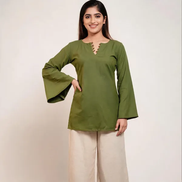 Olive_Green_Pure_Cotton_A_Line_Sleeve_Short_Kurti_For_Women