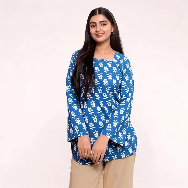 Blue_Pure_Cotton_Floral_Short_Kurti_For_Women