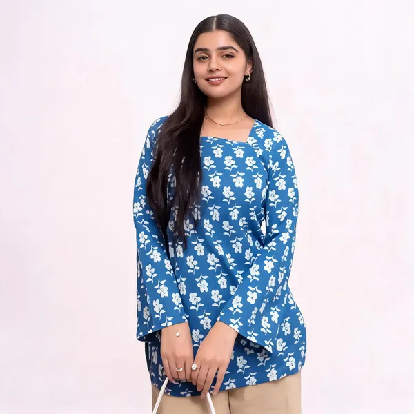 Blue_Pure_Cotton_Floral_Short_Kurti_For_Women