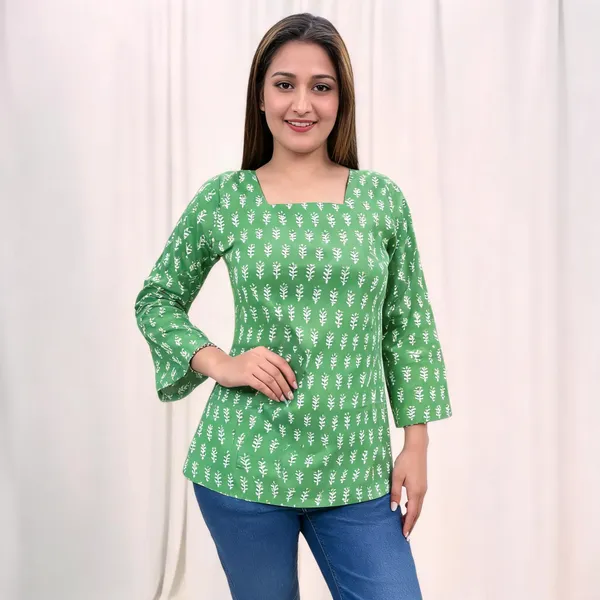 Green_Pure_Cotton_Leaf_Print_Short_Kurti_For_Women