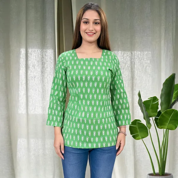Green_Pure_Cotton_Leaf_Print_Short_Kurti_For_Women