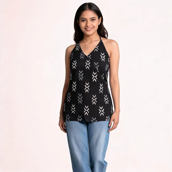 Black_Pure_Cotton_Ikkat_Halter_Neck_Short_Kurti_For_Women