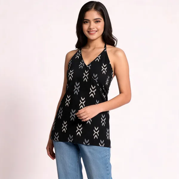 Black_Pure_Cotton_Ikkat_Halter_Neck_Short_Kurti_For_Women