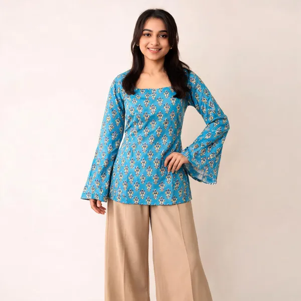 Sky_Blue_Pure_Cotton_Back_Corset_Short_Kurti_For_Women