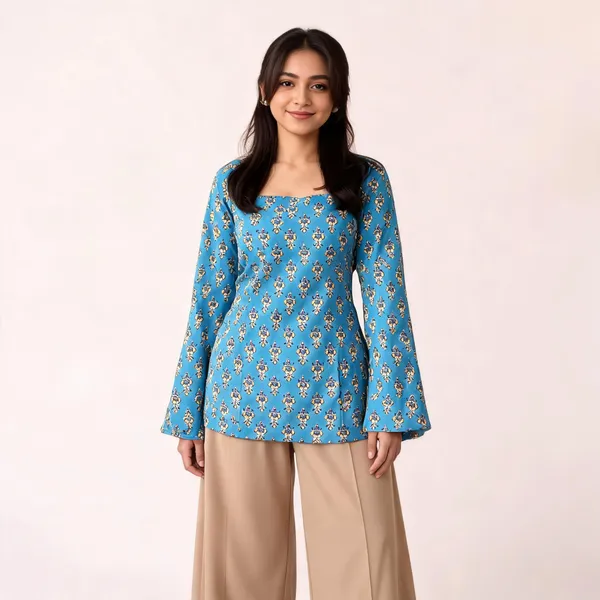Sky_Blue_Pure_Cotton_Back_Corset_Short_Kurti_For_Women