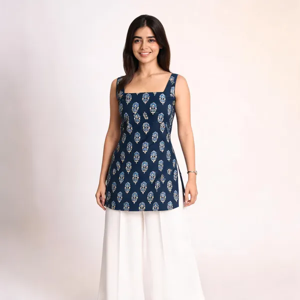 Navy_Blue_Pure_Cotton_Sleeveless_Short_Kurti_For_Women