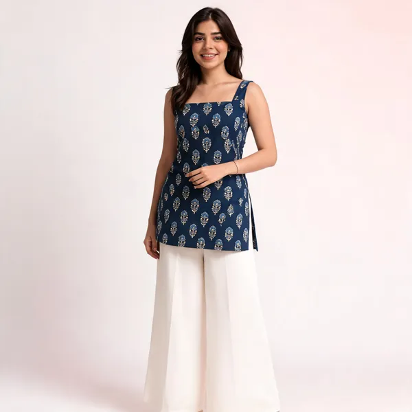 Navy_Blue_Pure_Cotton_Sleeveless_Short_Kurti_For_Women
