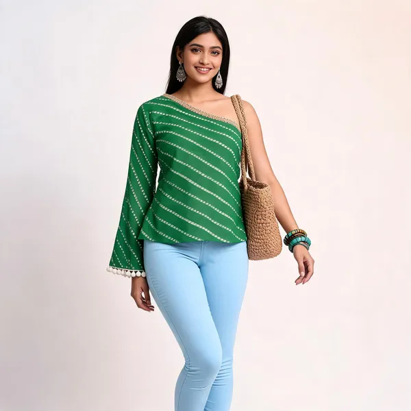 Green_Pure_Cotton_Flared_Sleeve_Dotted_Stripe_Short_Kurti_For_Women
