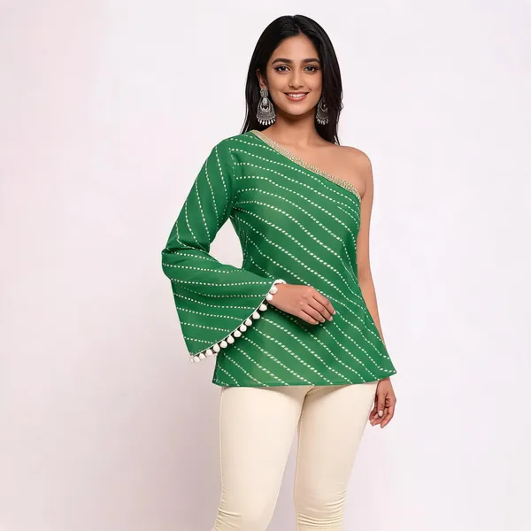 Green_Pure_Cotton_Flared_Sleeve_Dotted_Stripe_Short_Kurti_For_Women