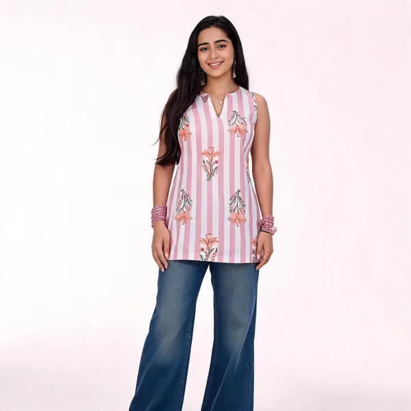 Pink_Pure_Cotton_Floral_Stripe_Sleeveless_Short_Kurti_For_Women