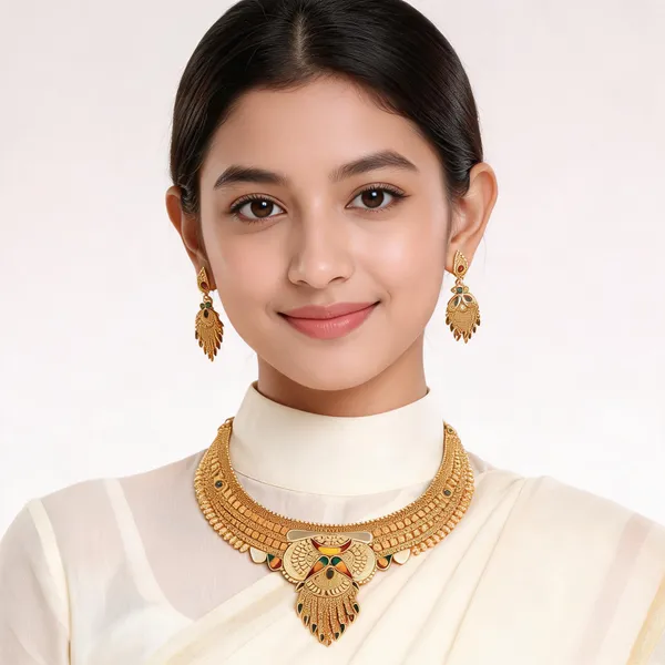 Gold_Tone_Peacock_Motif_Necklace_And_Earring_Set_For_Women