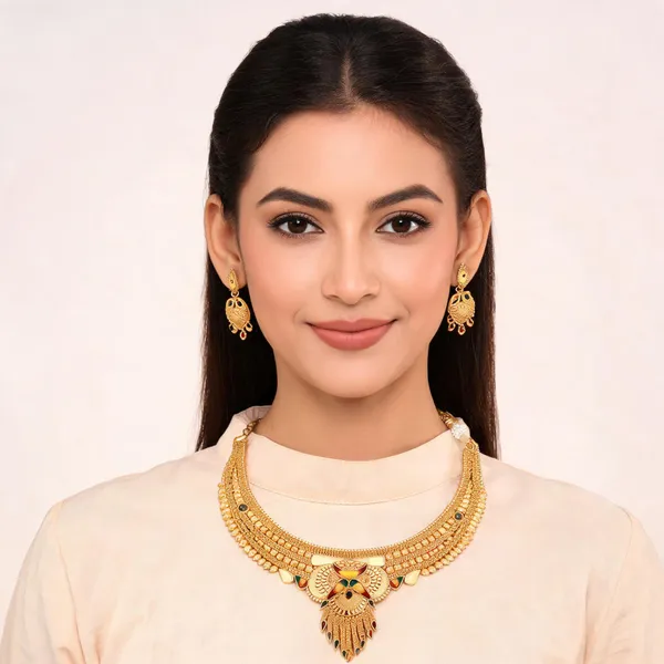 Gold_Tone_Peacock_Motif_Necklace_And_Earring_Set_For_Women