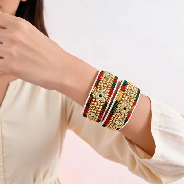 Gold_Tone_Red_Green_White_Bead_Embellished_Bangles_For_Women