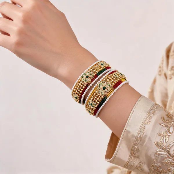 Gold_Tone_Red_Green_White_Bead_Embellished_Bangles_For_Women