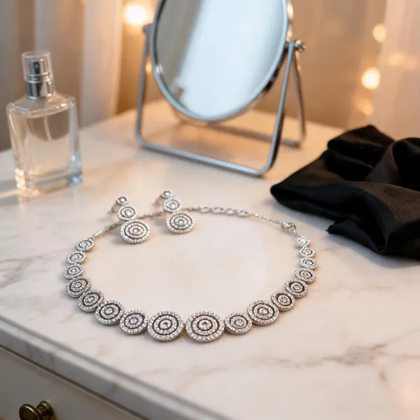 Silver_Alloy_Circular_Layered_Necklace_And_Earrings_Set_For_Women