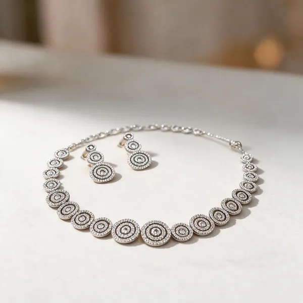 Silver_Alloy_Circular_Layered_Necklace_And_Earrings_Set_For_Women