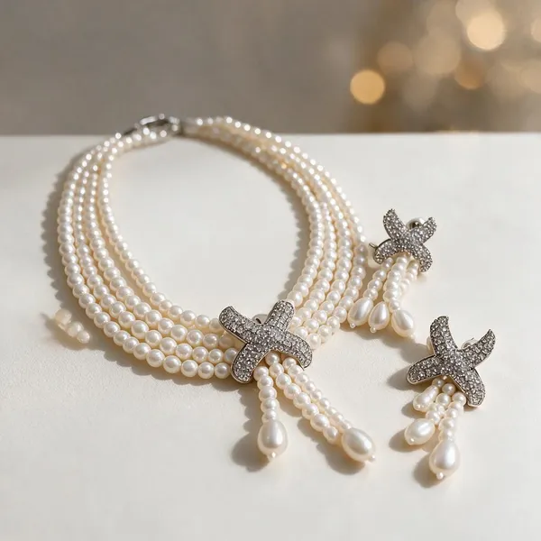 White_Pearl_Rhinestone_Necklace_And_Earrings_Set_For_Women